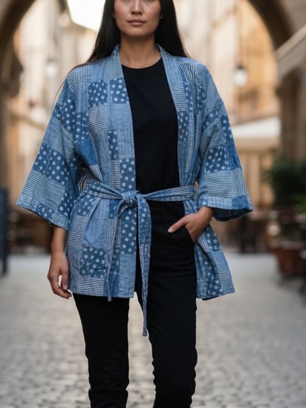Lucky Brand Blue Cotton Patchwork Belted Kimono Jacket Size Medium/Large